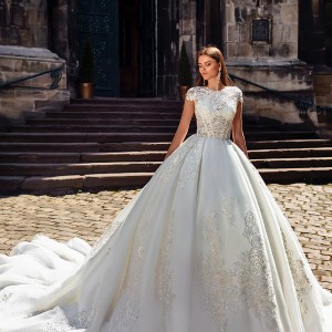 crystal design bridal 2016 cap sleeves jewel neckline heavily embellished bodice princess ball gown wedding dress monarch train (golden) mv