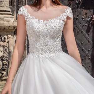 crystal design bridal 2016 cap sleeves scoop round neckline heavily embellished bodice a  line tulle ball gown wedding dress v back chapel train (maram) zv