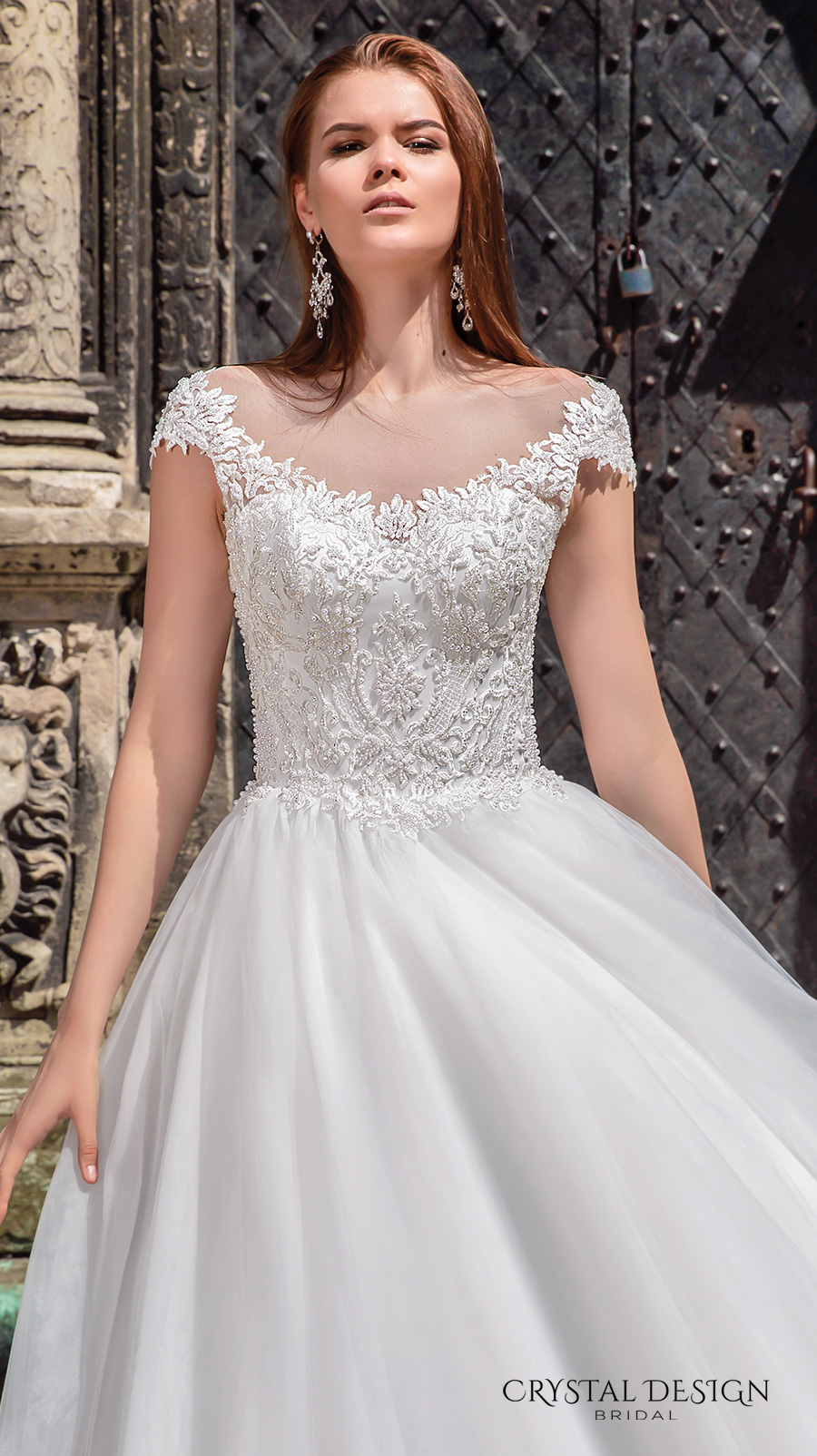 crystal design bridal 2016 cap sleeves scoop round neckline heavily embellished bodice a  line tulle ball gown wedding dress v back chapel train (maram) zv