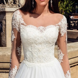 crystal design bridal 2016 illusion long sleeves sweetheart neckline lace bodice pretty princess ball gown wedding dress chapel train (alika) zv