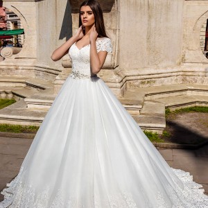 crystal design bridal 2016 lace cap sleeves v neck heavily embellished bodice pretty princess a  line ball gown wedding dress sheer back chapel train (florencia) mv