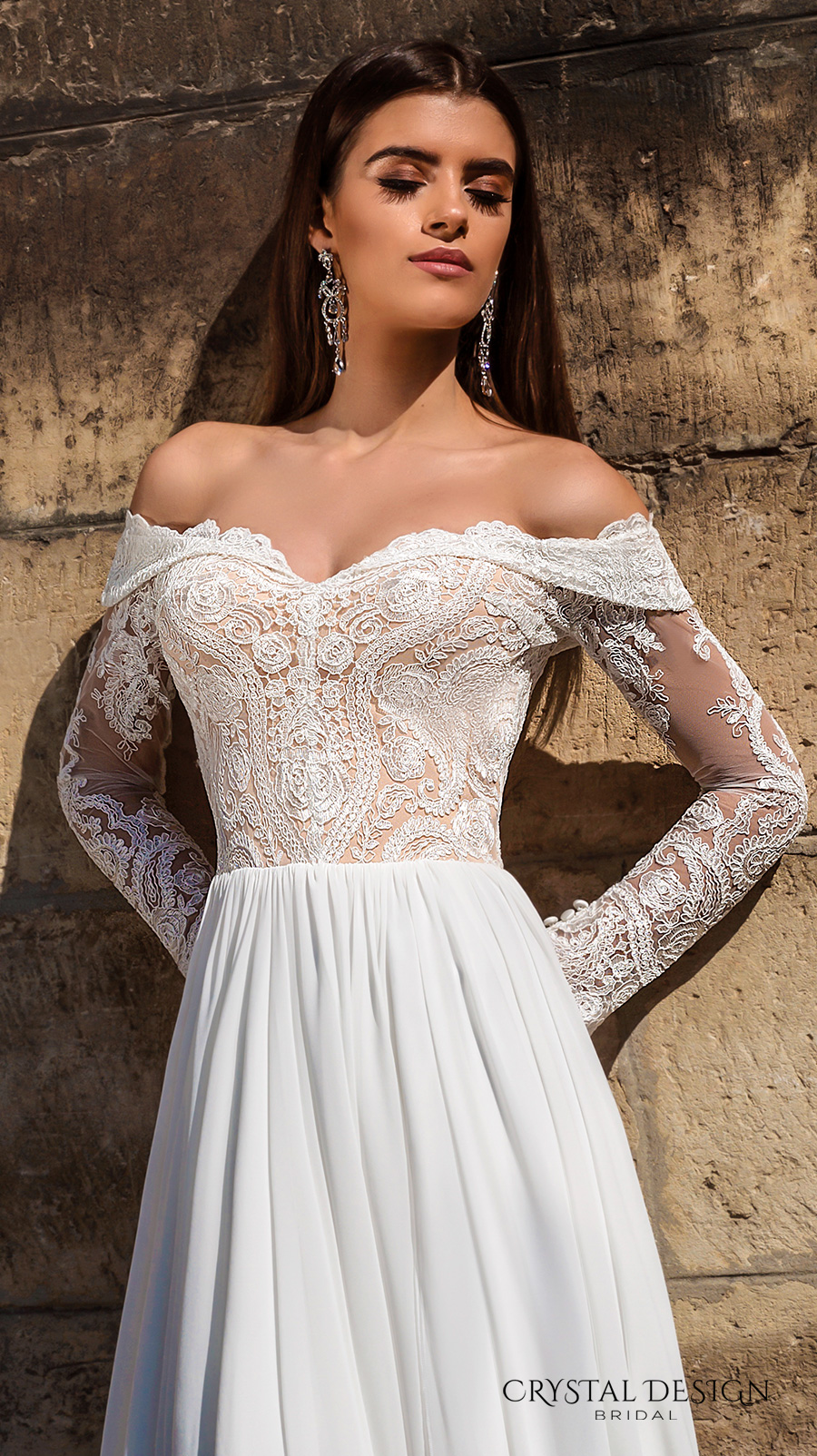 crystal design bridal 2016 lace long sleeves off the shoulder sweetheart neckline lace bodice glamorous a  line wedding dress sweep train (aida) zv