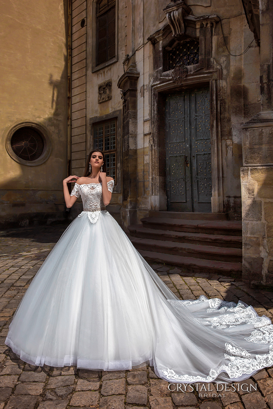 crystal design bridal 2016 off the shoulder lace bodice embellished hem princess tulle ball gown wedding dress illusion lace back royal train (marisa) mv 