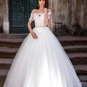 crystal design bridal 2016 off the shoulder lace bodice embellished hem princess tulle ball gown wedding dress illusion lace back royal train (marisa) mv