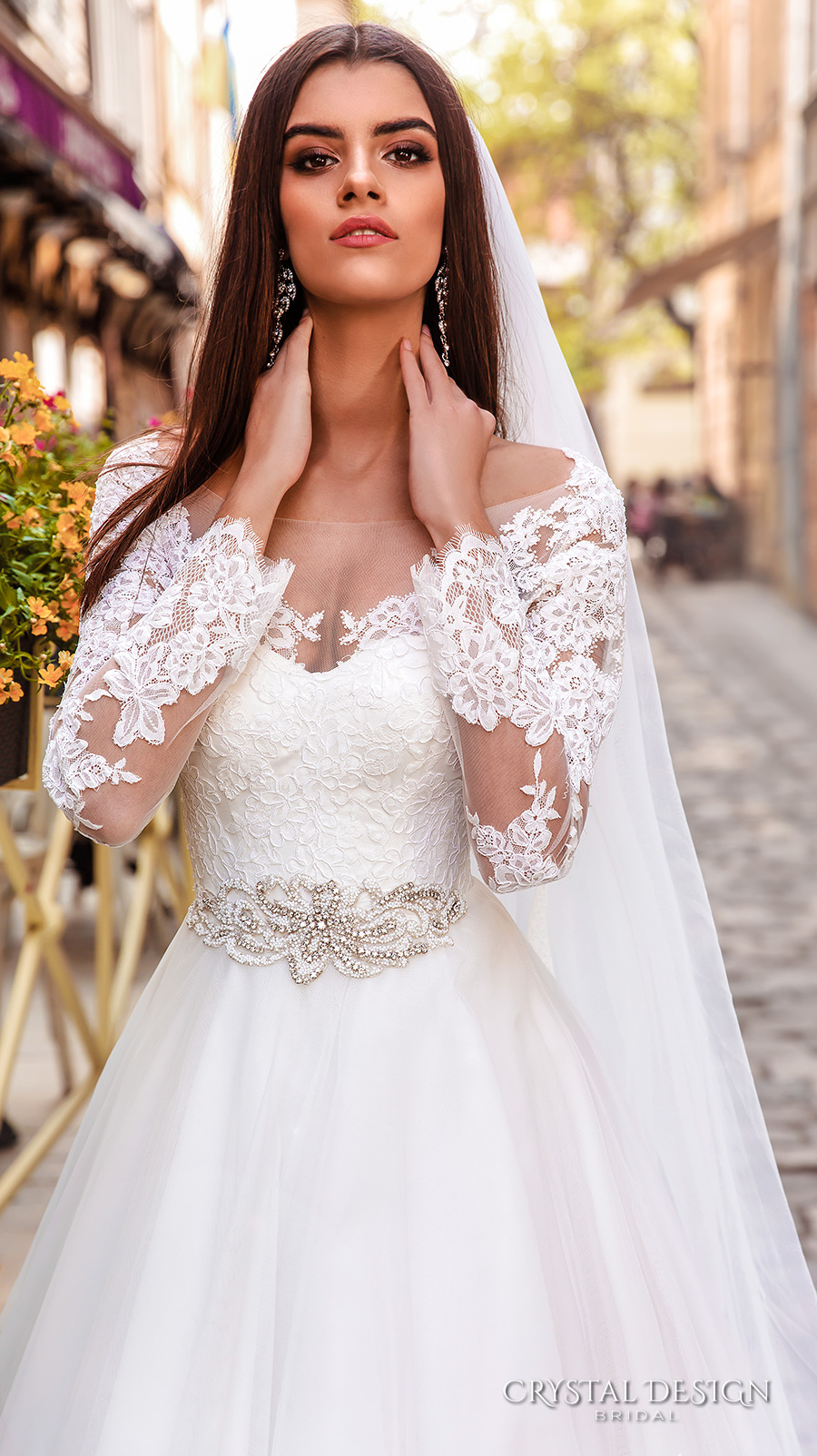 crystal design bridal 2016 sheer long sleeves sweetheart neckline heavily embellished bodice belt princess ball gown wedding dress chapel train (modena) zv