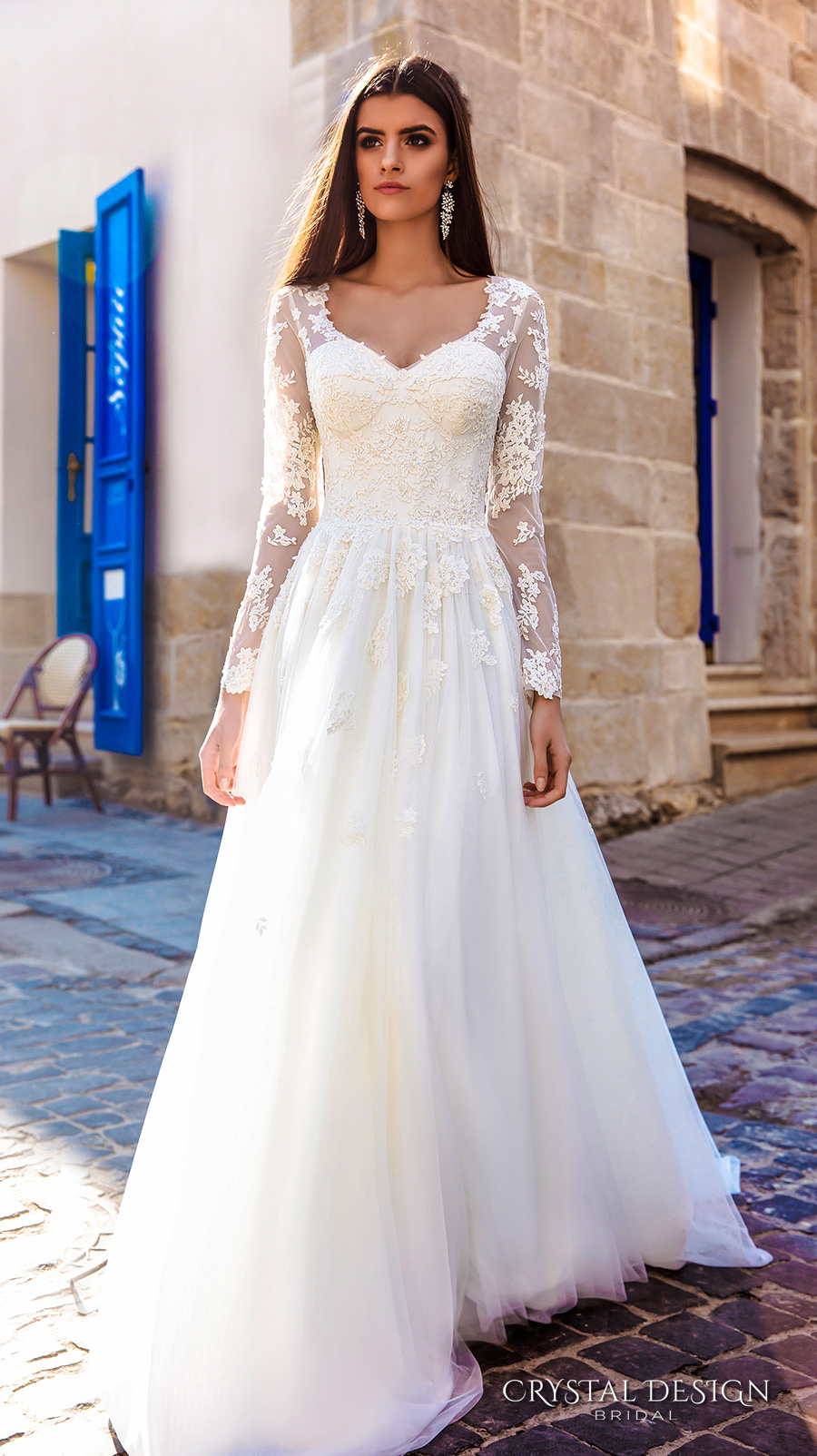 Long Sleeve V-neck A-line Wedding Dress With Lace Bodice And Satin Skirt