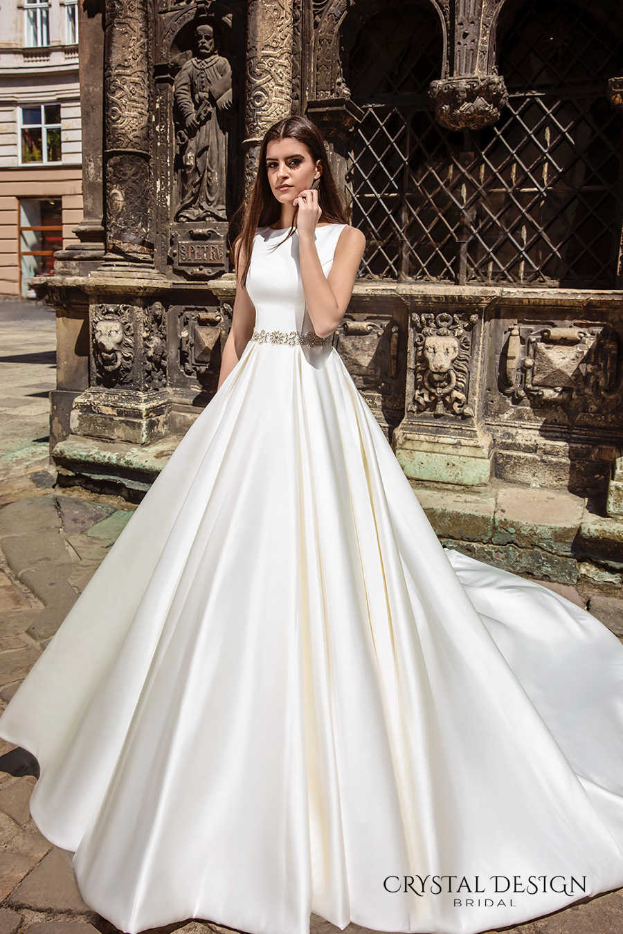 crystal design bridal 2016 sleeveless boat neckline modern simple embellished belt elegant a  line wedding dress illusion back long train (valencia) mv