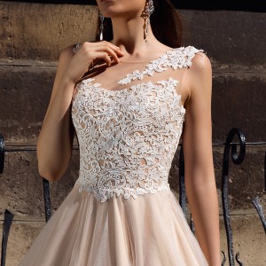 crystal design bridal 2016 sleeveless embellished semi sweetheart neckline lace bodice champagne color princess a  line ball gown wedding dress illusion back royal train (ariel) zv