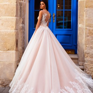 crystal design bridal 2016 sleeveless illusion round neckline v neck lace embellished bodice gorgeous princess ball gown wedding dress chapel train (avrora) bv