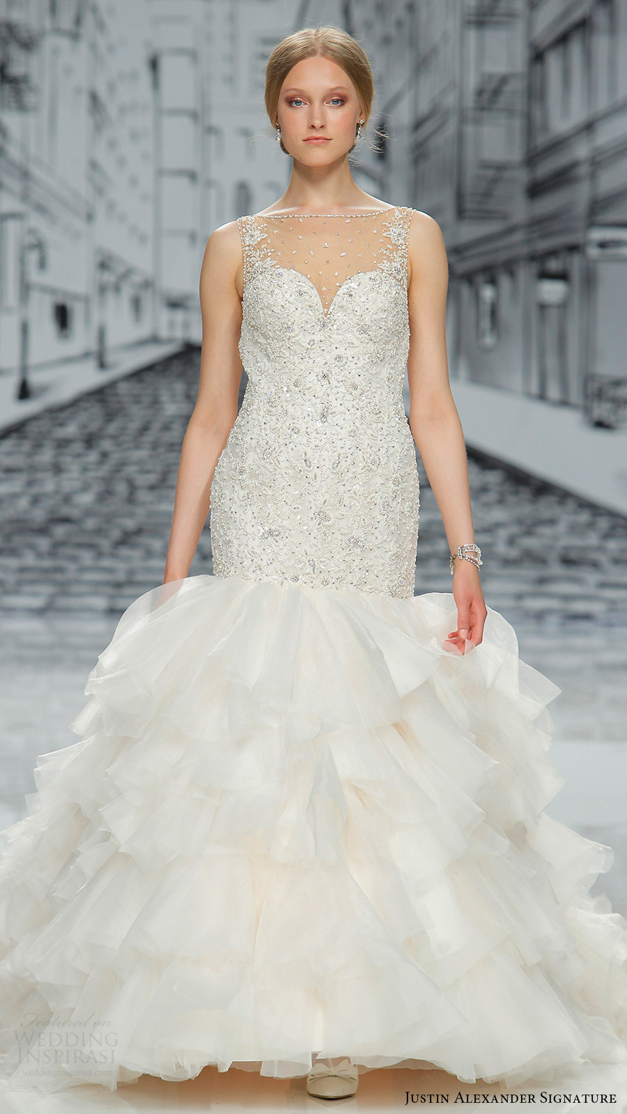 justin alexander signature spring 2017 sleeveless sweetheart illusion bateau neck beaded bodice ruffle skirt mermaid wedding dress (9852) mv