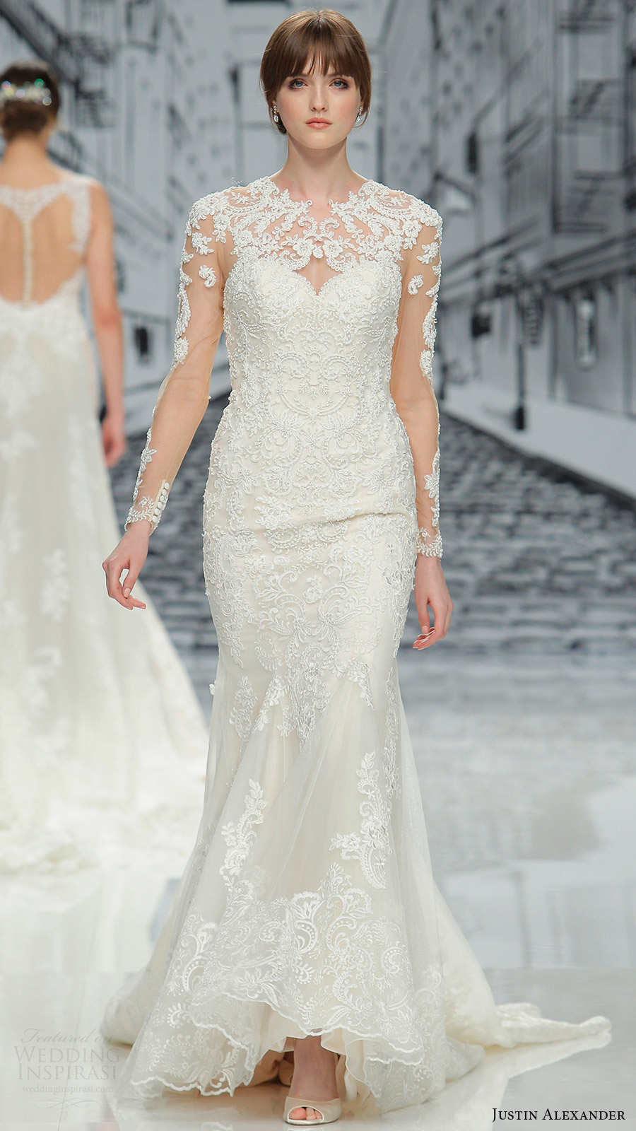 justin alexander spring 2017 illusion long sleeeves jewel neck lace trumpet wedding dress (8905) mv