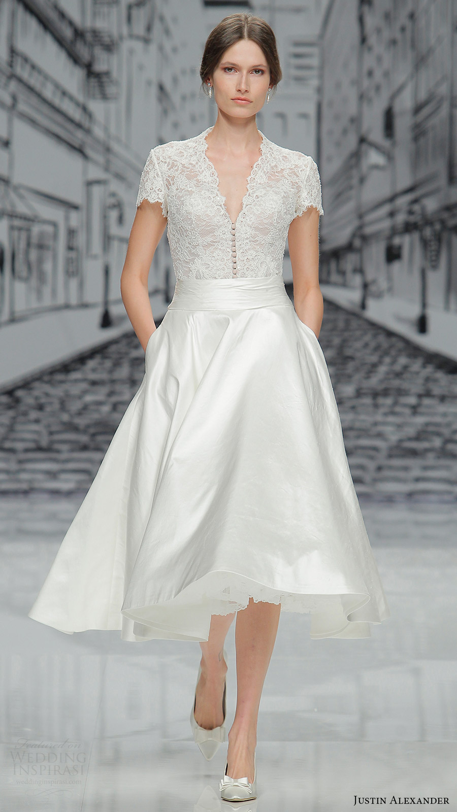 justin alexander spring 2017 short sleeves vneck lace bodice tea length skirt wedding dress (8881) mv