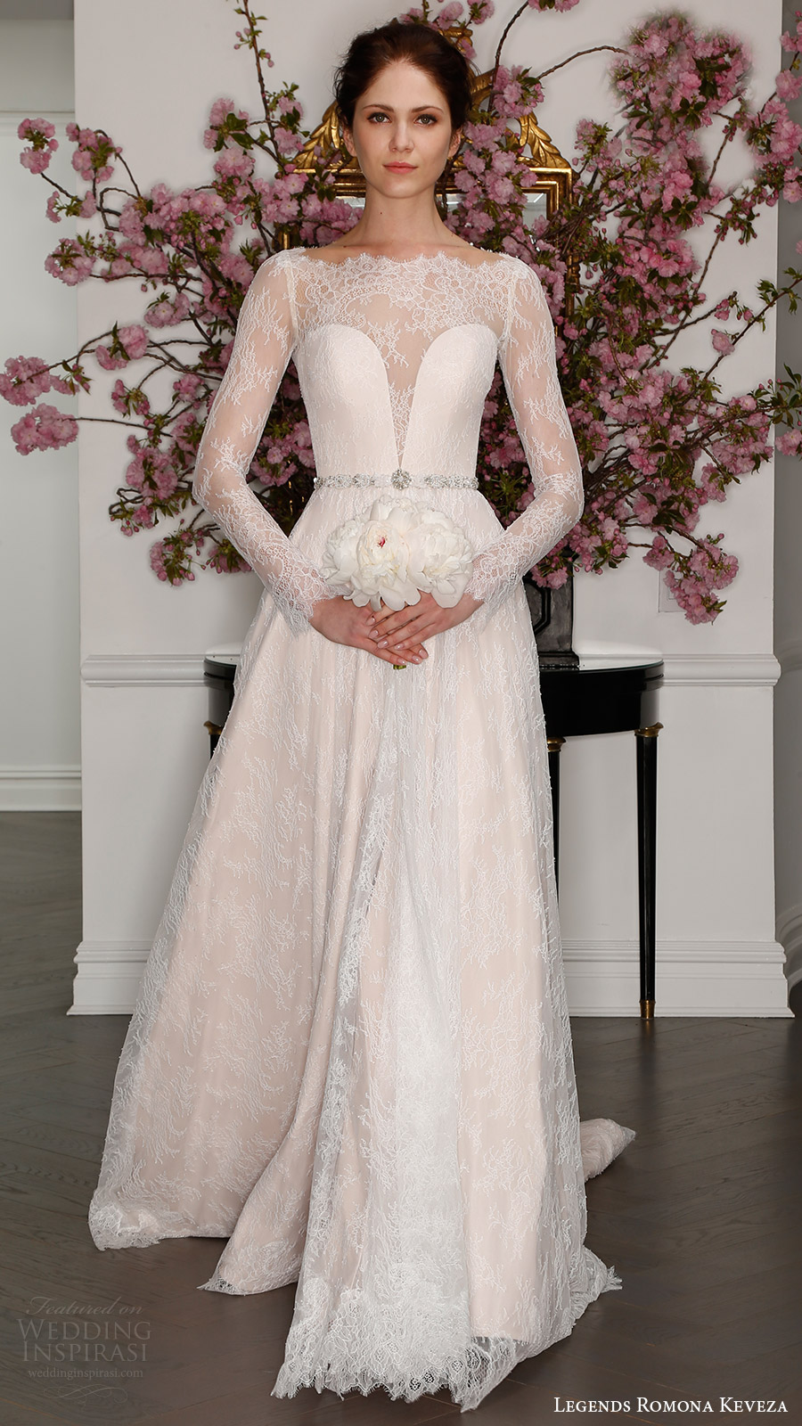 legends romona keveza bridal spring 2017 illusion long sleeve boat neck aline lace wedding dress (l7127) mv blush color