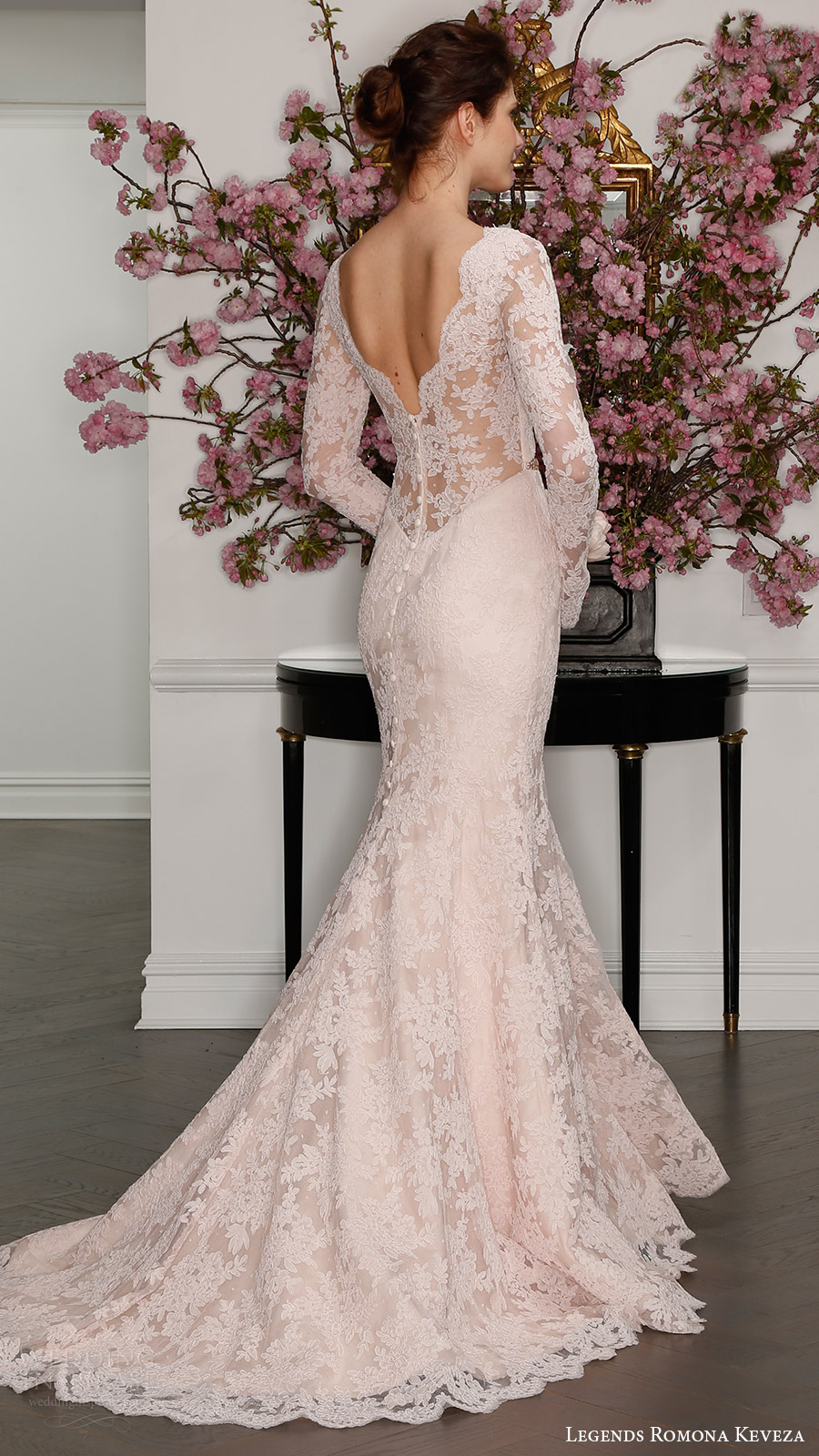 legends romona keveza bridal spring 2017 illusion long sleeves deep v lace trumpet wedding dress (l7126) bv blush color train