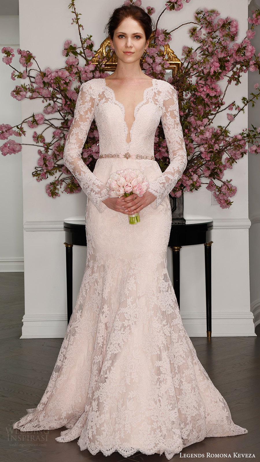 legends romona keveza bridal spring 2017 illusion long sleeves deep v lace trumpet wedding dress (l7126) mv blush color