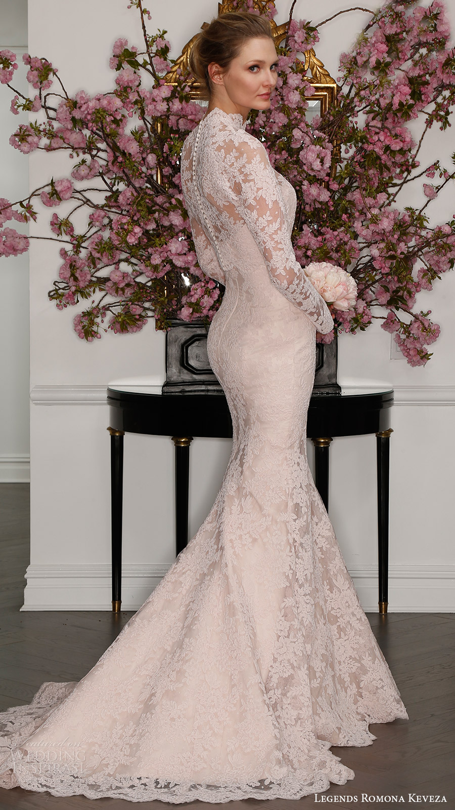 legends romona keveza bridal spring 2017 strapless sweetheart lace trumpet wedding dress (l7125) bv train blush color illusion long sleeve high neck blouse