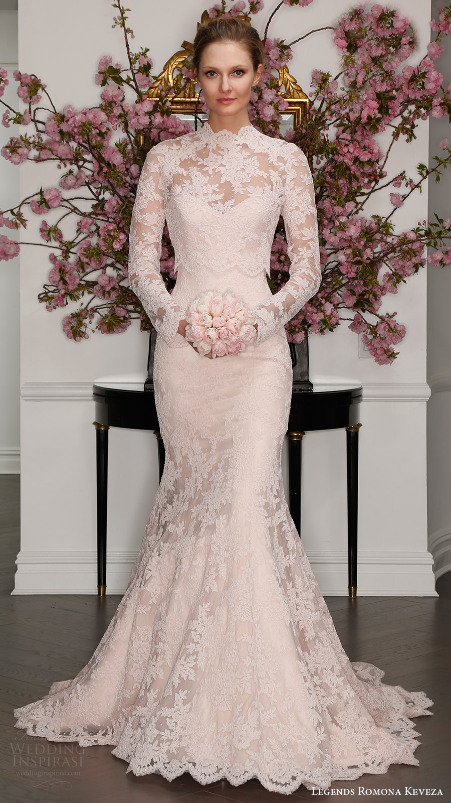 legends romona keveza bridal spring 2017 strapless sweetheart lace trumpet wedding dress (l7125) mv blush color illusion long sleeve high neck blouse