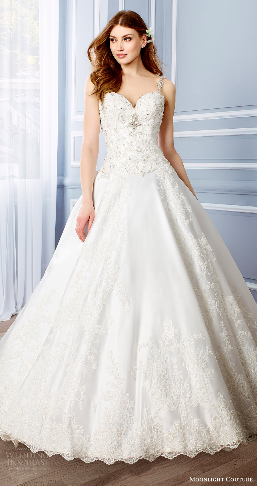 moonlight couture bridal fall 2016 sleeveless beaded straps sweetheart lace ball gown wedding dress (h1316) mv princess