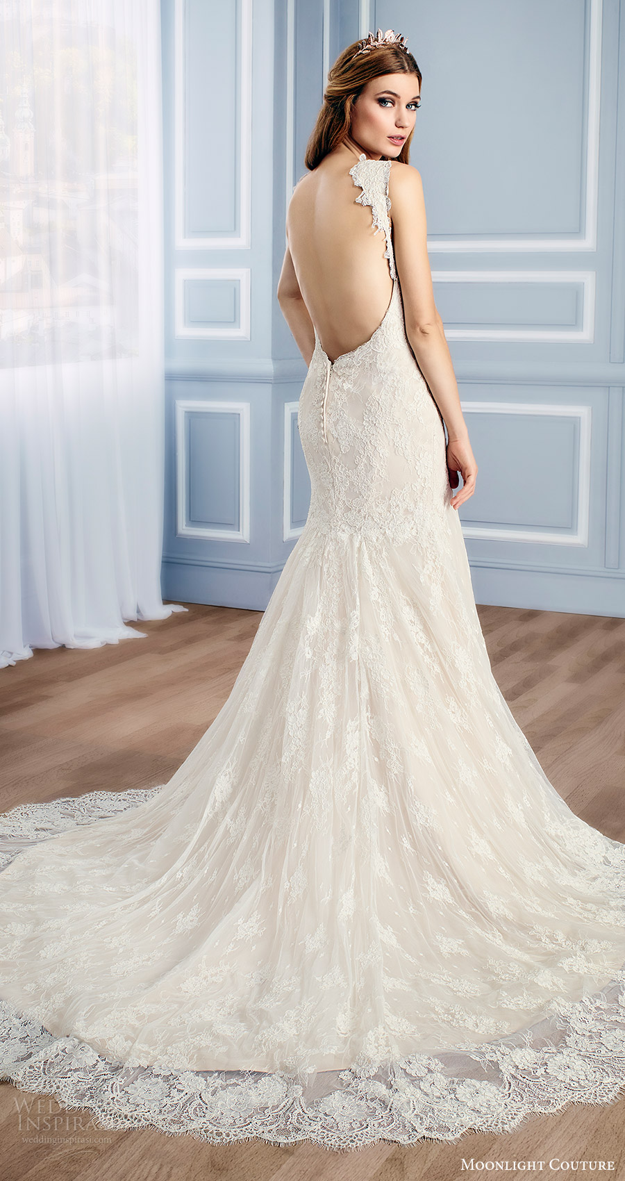 moonlight couture bridal fall 2016 sleeveless lace straps sweetheart mermaid wedding dress (h1315) bv low back train