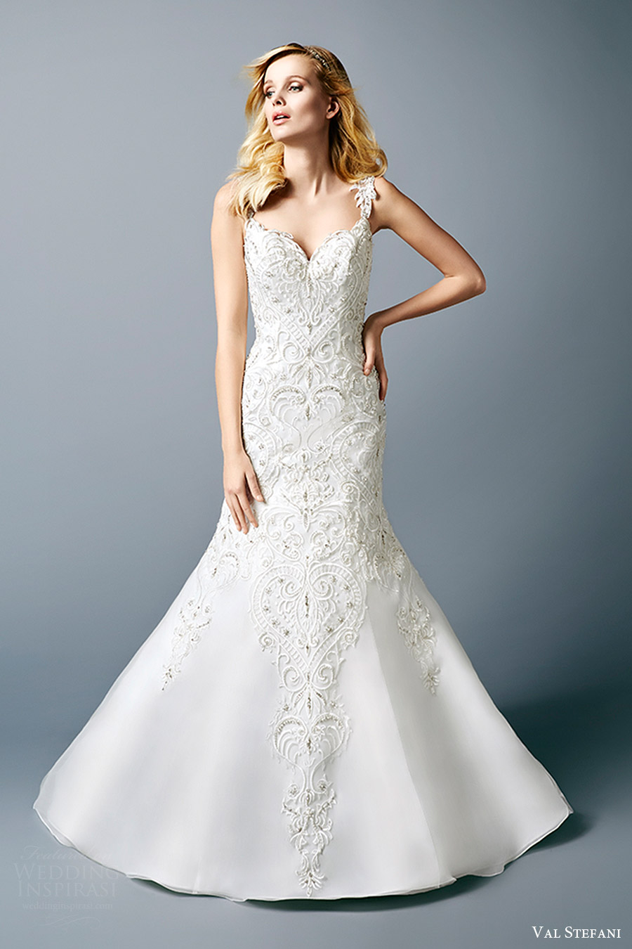 val stefani bridal fall 2016 sleeveless sweetheart embroidered lace bodice fit flare wedding dress (alana) mv