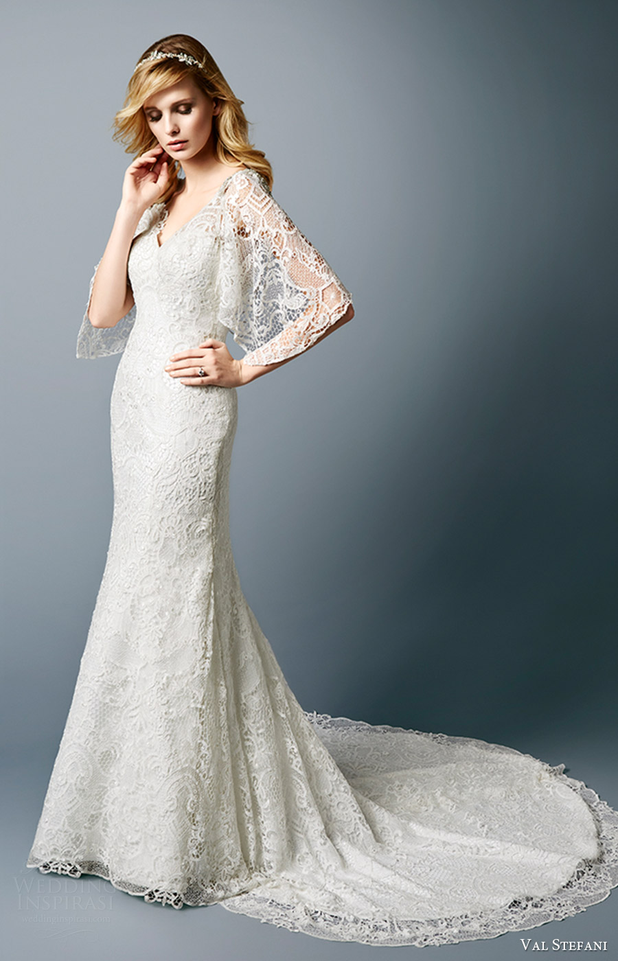 val stefani bridal fall 2016 sleeveless vneck lace trumpet wedding dress (ashton) fv detachable flutter sleeves