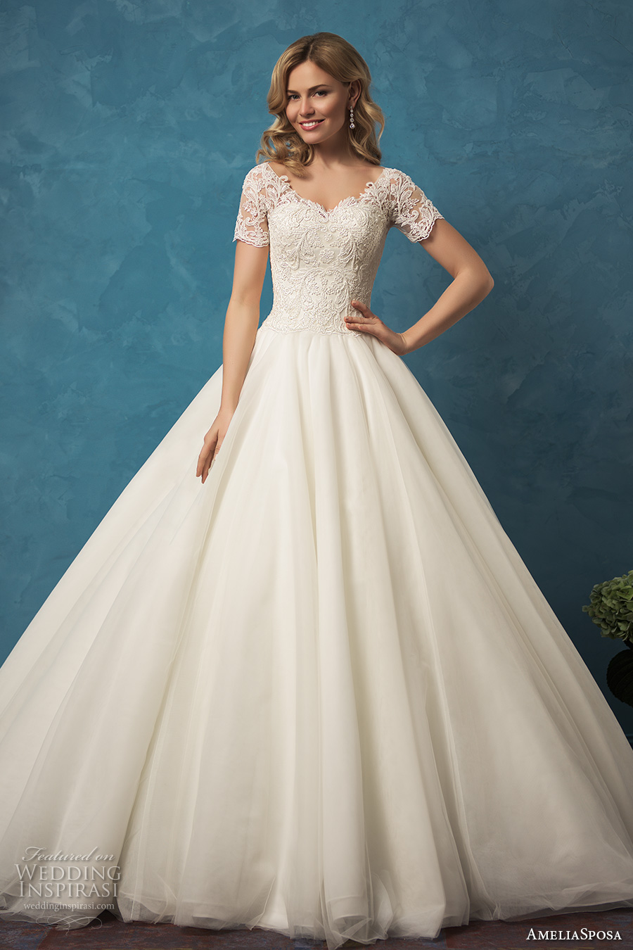 amelia sposa 2017 bridal short sleeves heavily embellished bodice princess ball gown wedding dress chapel train lace back (alyssa) mv