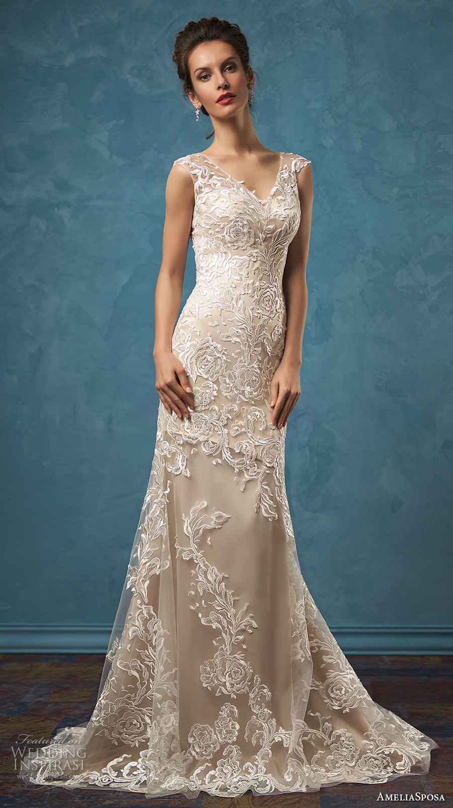 amelia sposa 2017 bridal sleeveless sheer lace thick strap v neck heavily embellished bodice elegant sheath wedding dress sheer lace back sweep train (olivia) mv