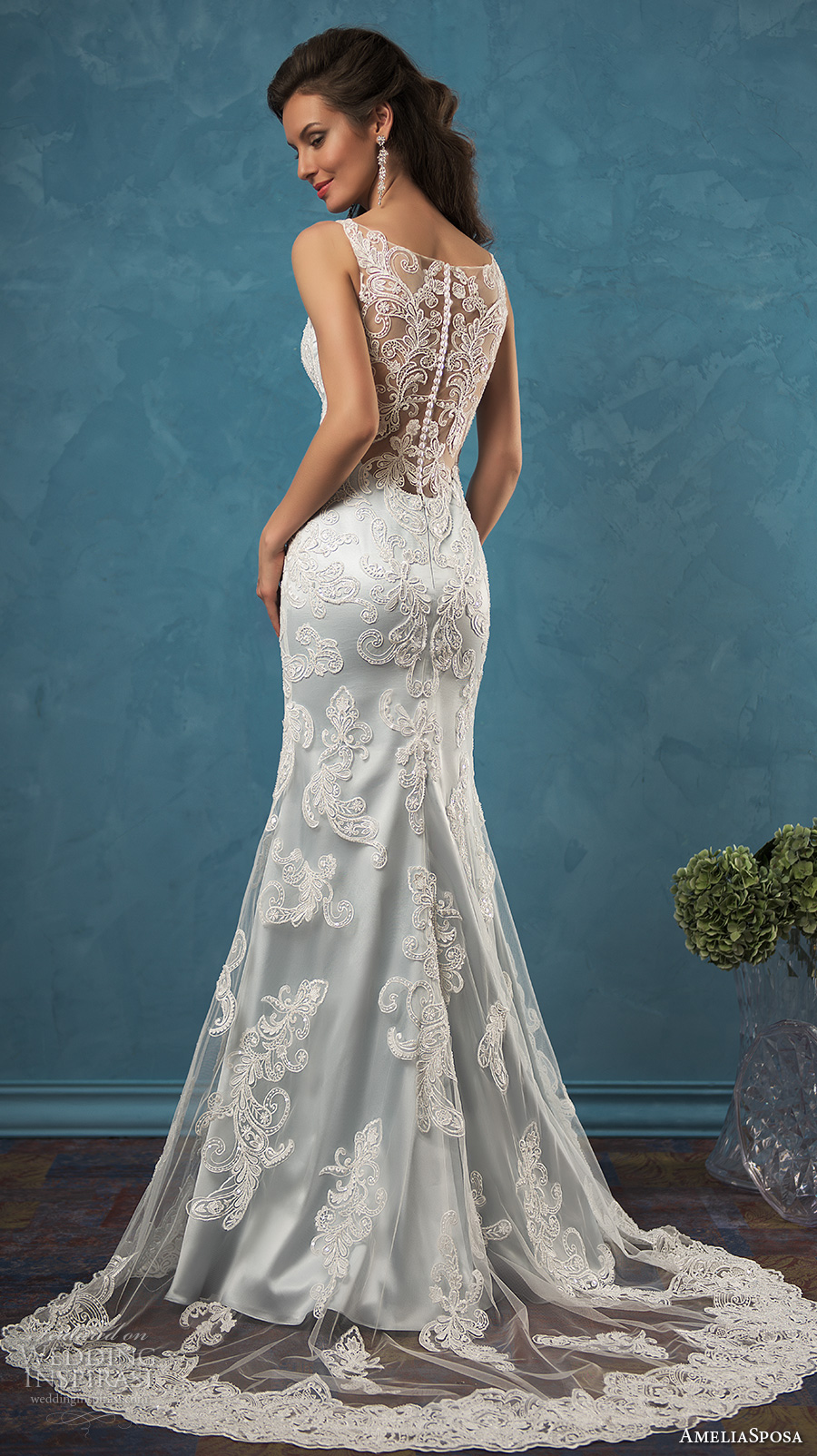 amelia sposa 2017 bridal sleeveless v neck full embellishement elegant sheath lace wedding dress illusion back sweep train (damiana) bv