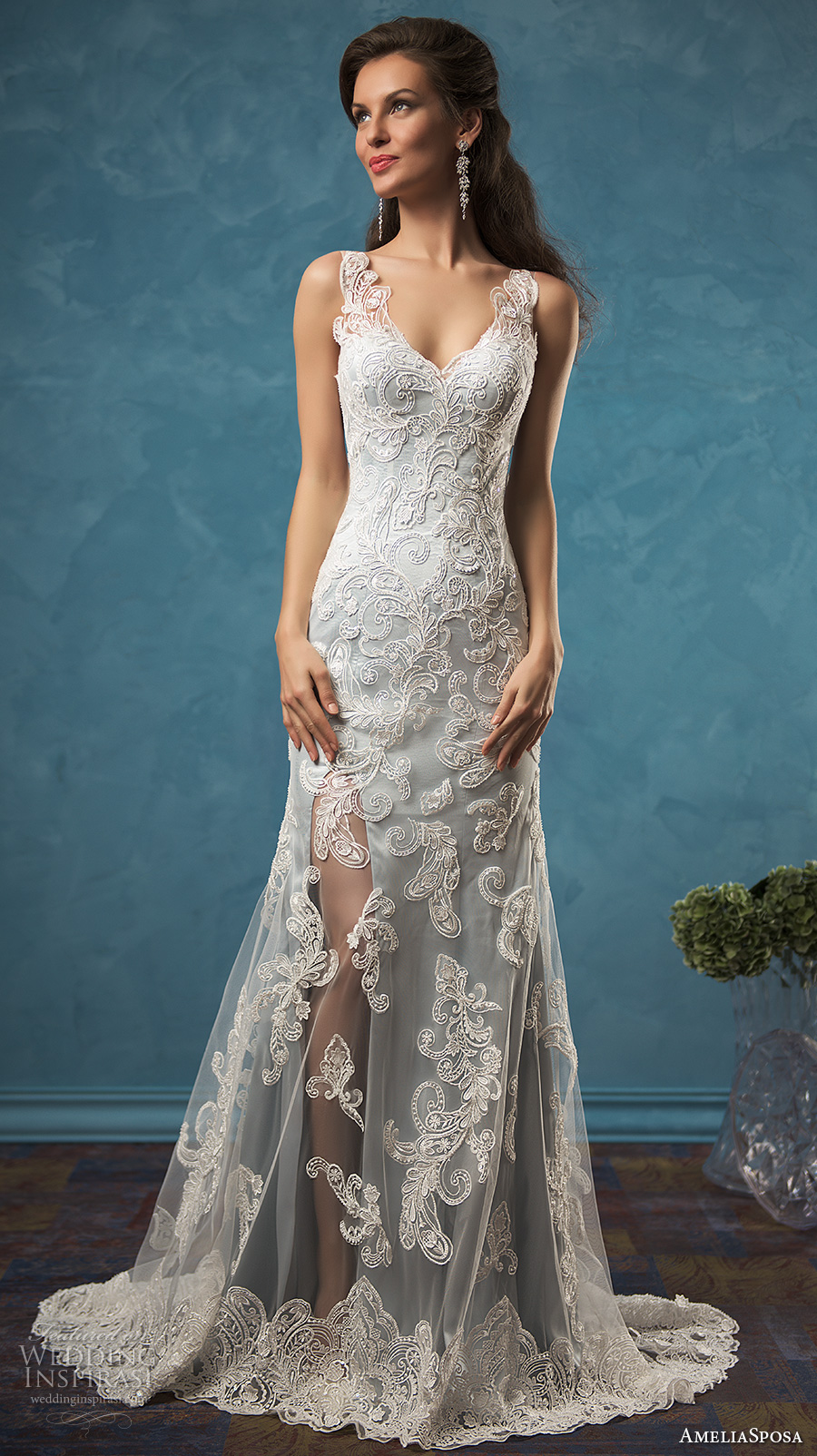 amelia sposa 2017 bridal sleeveless v neck full embellishement elegant sheath lace wedding dress illusion back sweep train (damiana) mv