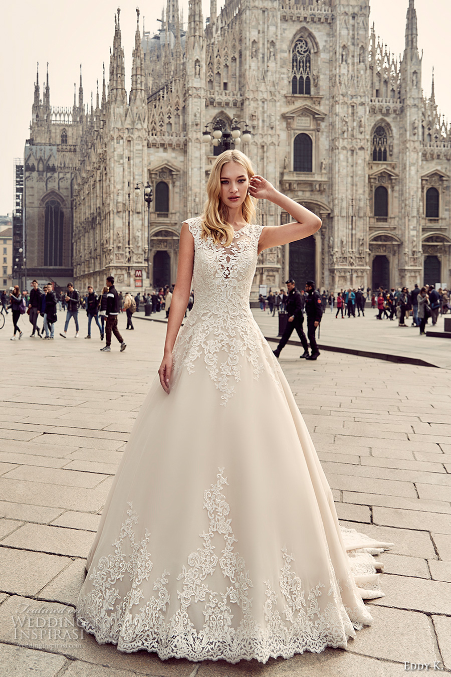 eddy k milano bridal 2017 cap sleeves scoop neckline heavily embellished bodice embellished hem a  line romantic ball gown wedding dress long train lace back (md213) mv