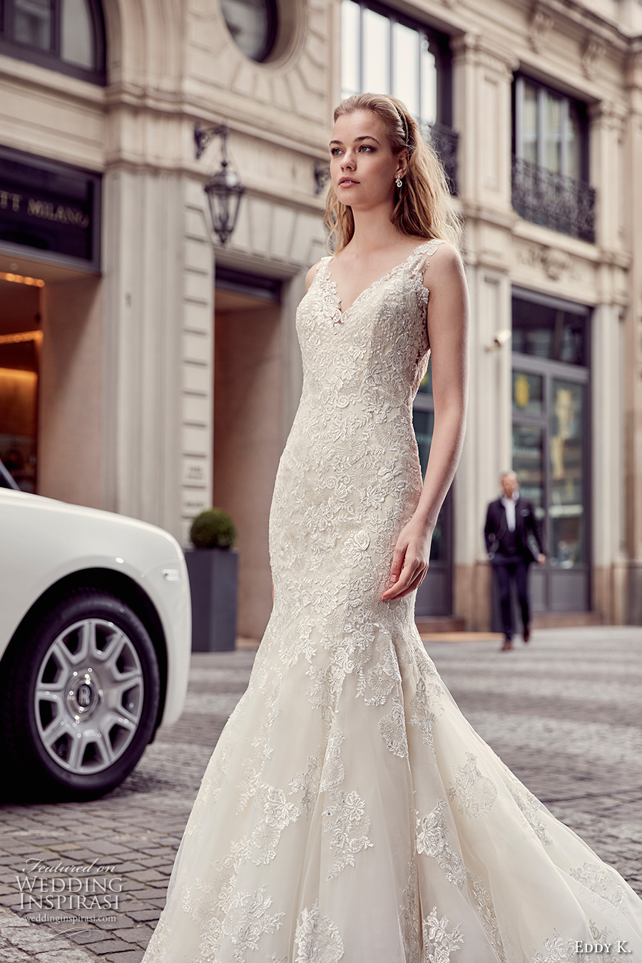 eddy k milano bridal 2017 lace strap v neck heavily embellished bodice elegant mermaid wedding dress low back chapel train (md219) zv