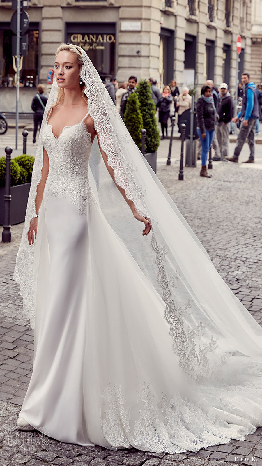 eddy k milano bridal 2017 sleeveless spaghetti straps lace bodice sheath wedding dress (md201) mv overskirt train veil