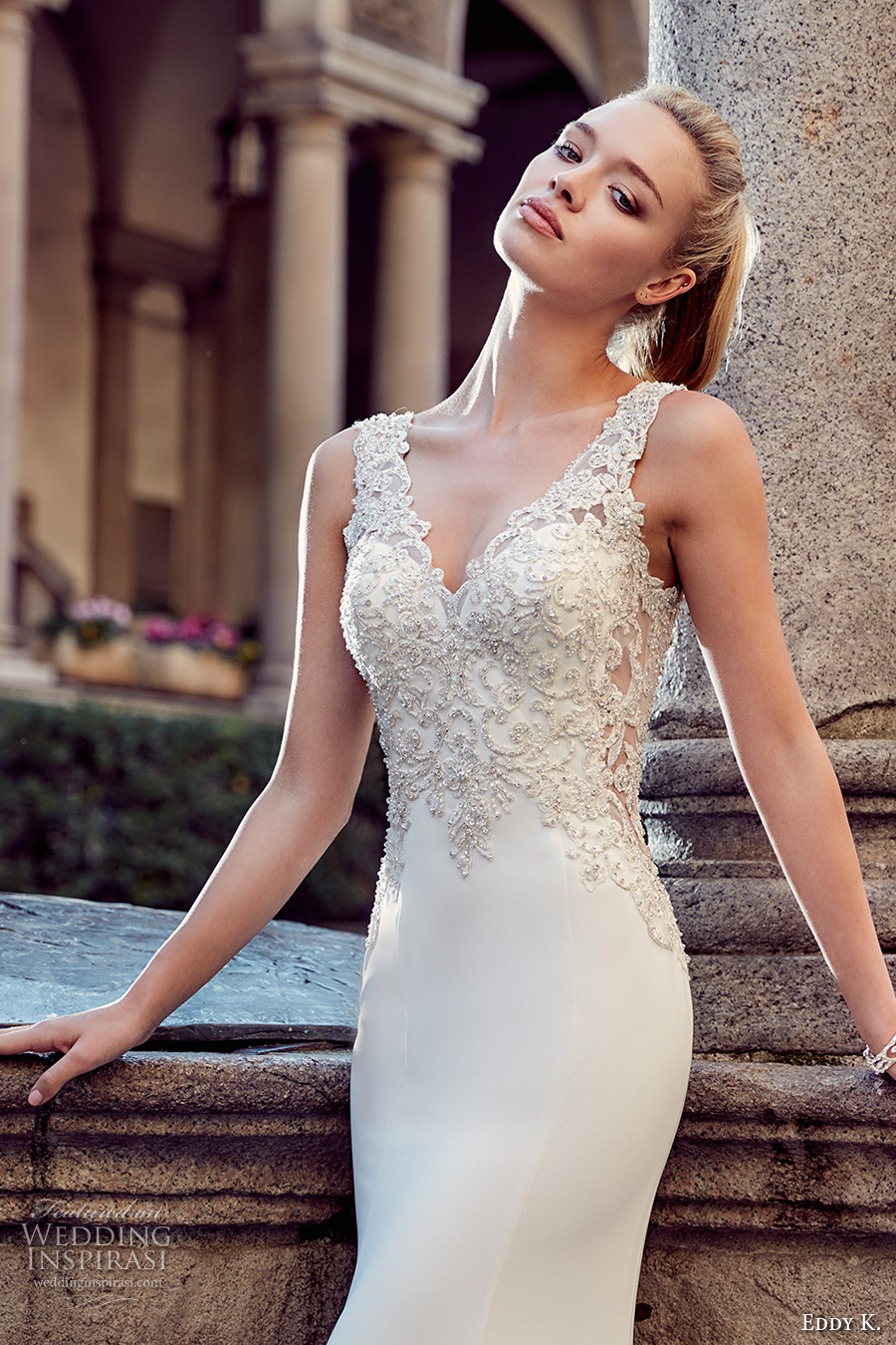 eddy k milano bridal 2017 sleeveless thick strap v neckline heavily embellished bodice elegant sheath wedding dress v back (md225) zv