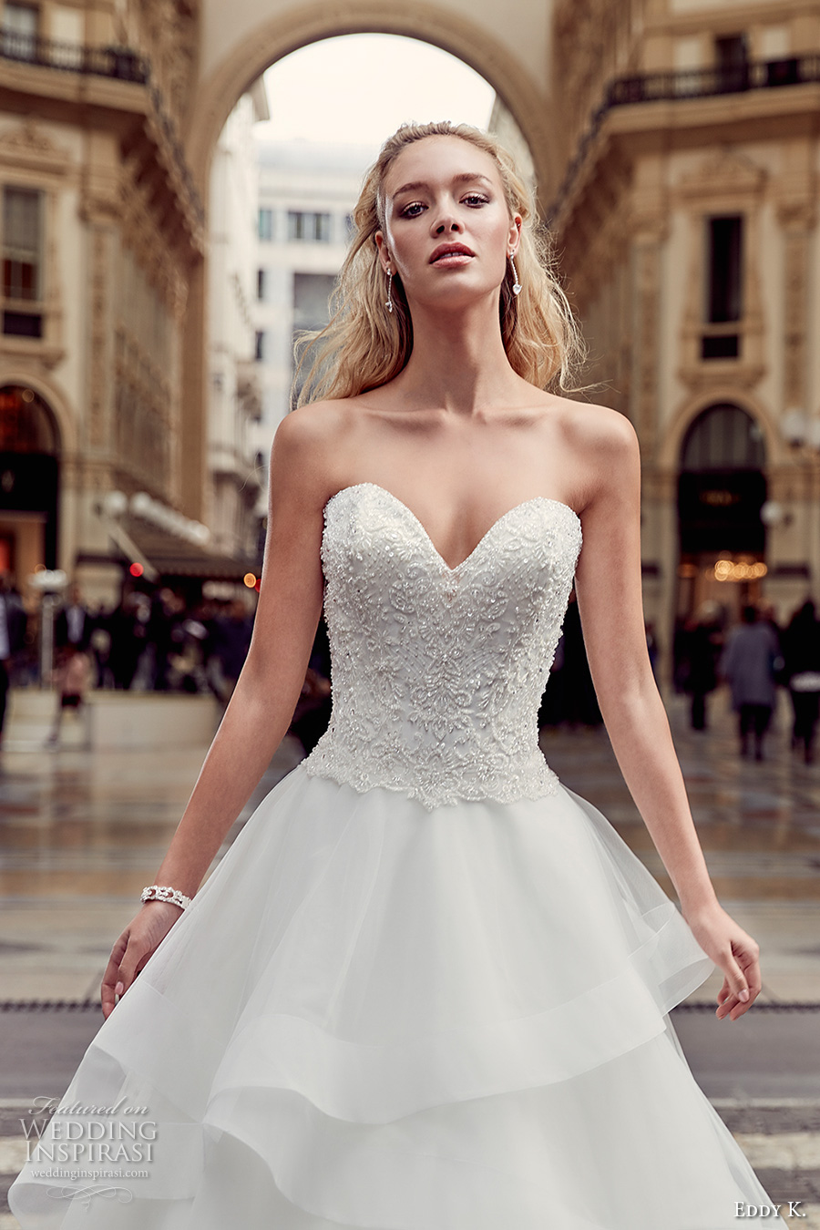 eddy k milano bridal 2017 strapless sweetheart neckline heavily embellished bodice tiered horsehair hem princess ball gown wedding dress (md223) zv