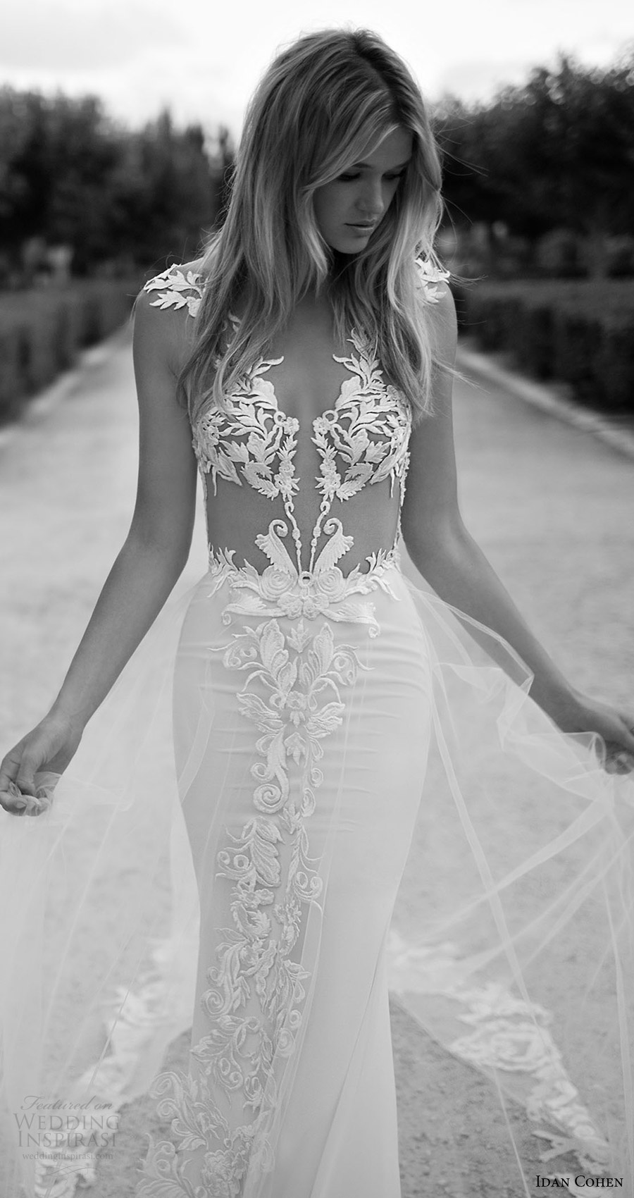 idan cohen bridal 2017 cap sleeve deep vneck lace sheath wedding dress (violette) zfv train