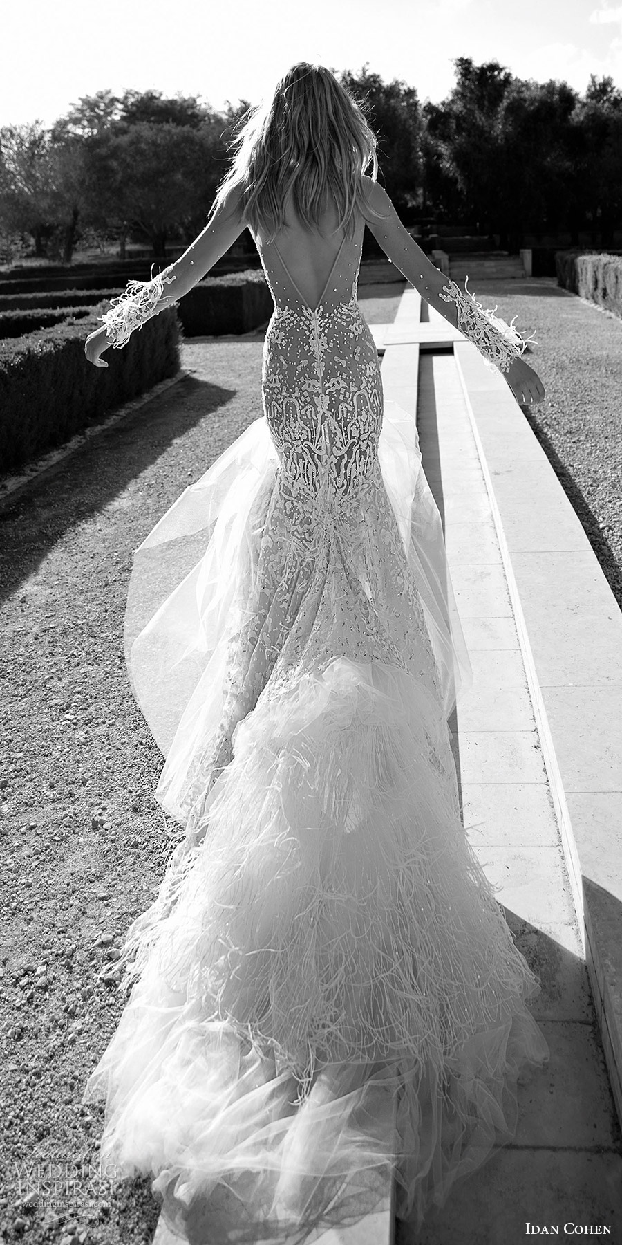 idan cohen bridal 2017 illusion long sleeves sweetheart lace trumpet wedding dress (carolina) bv vback train feather