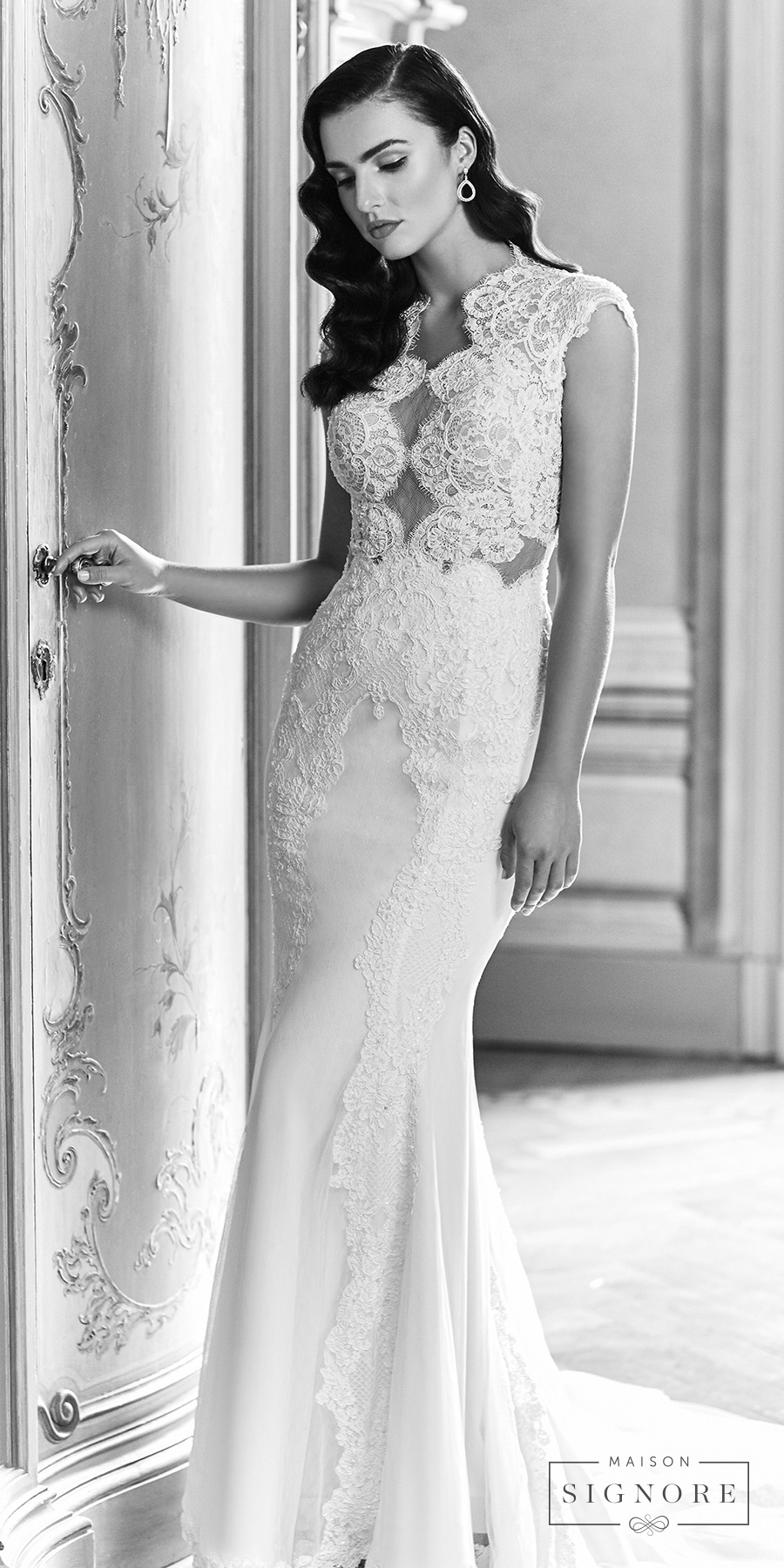 maison signore 2017 bridal queens anne necline heavily embellished bodice elegant fit and flare wedding dress chapel train (elsa) mv