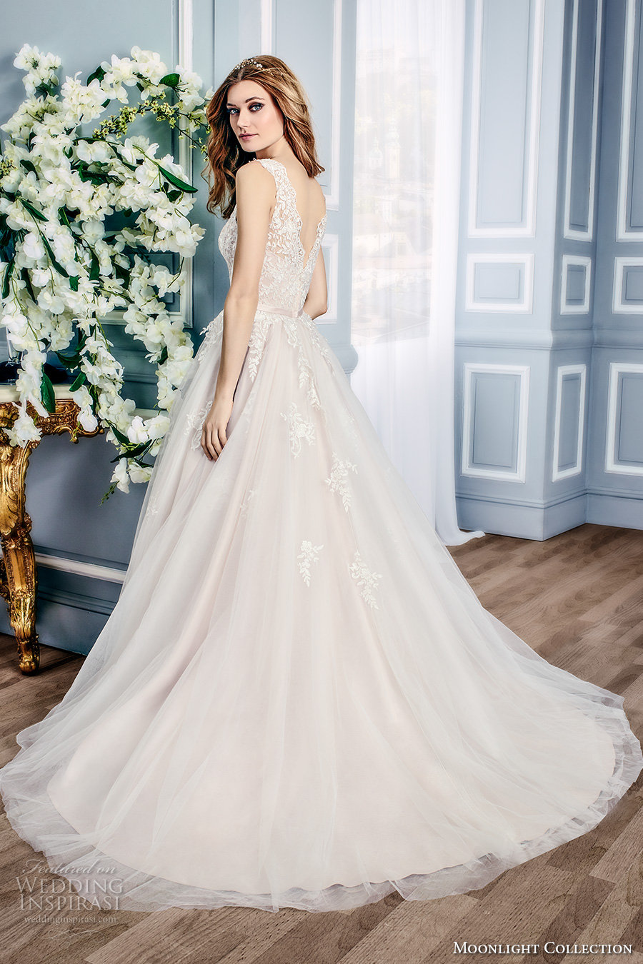 moonlight collection fall 2016 bridal sleeveless lace illusion boat sweetheart neckline heavily embellished bodice tulle a  line wedding dress v back sweep train (j6431) bv