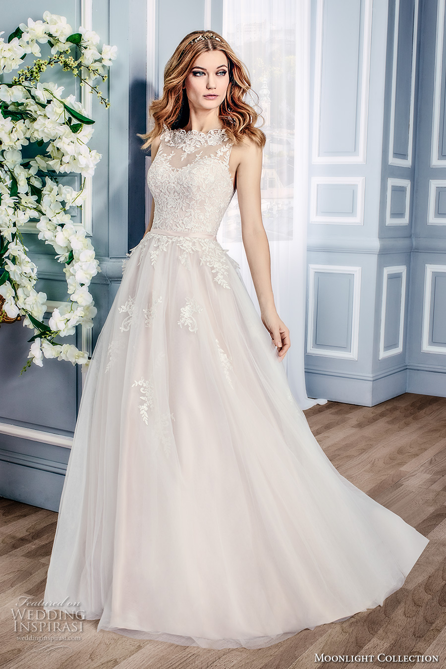 moonlight collection fall 2016 bridal sleeveless lace illusion boat sweetheart neckline heavily embellished bodice tulle a  line wedding dress v back sweep train (j6431) mv