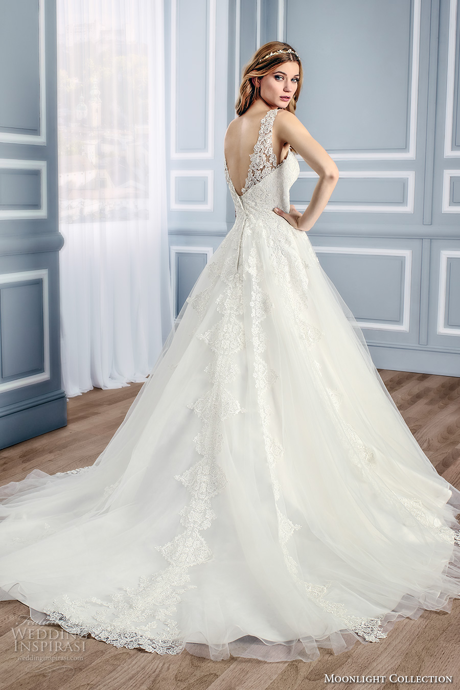 moonlight collection fall 2016 bridal sleeveless lace sheer scoop sweetheart neckline heavily embellished bodice romantic a  line wedding dress v back cathedral train (j6437) bv