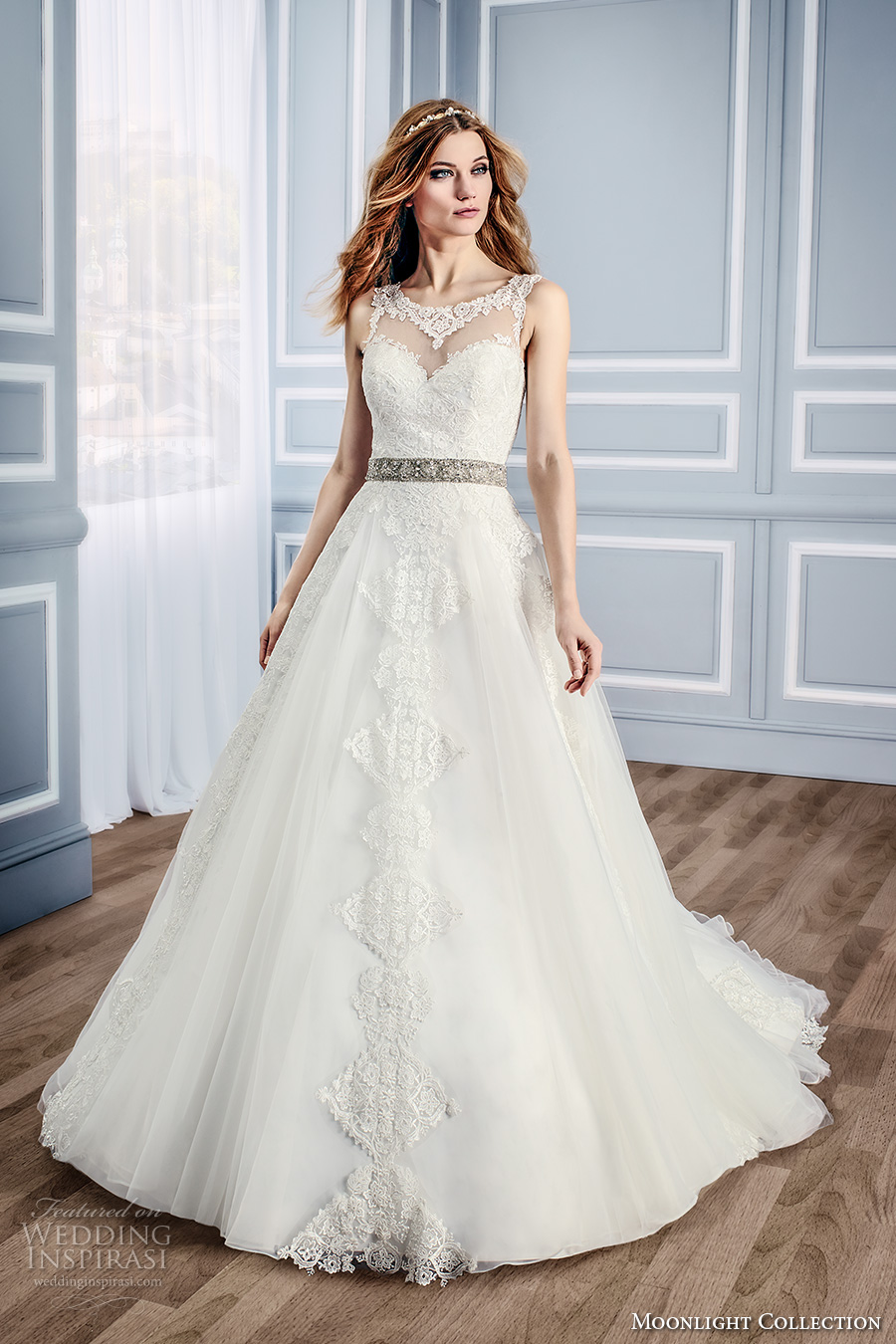 moonlight collection fall 2016 bridal sleeveless lace sheer scoop sweetheart neckline heavily embellished bodice romantic a  line wedding dress v back cathedral train (j6437) mv