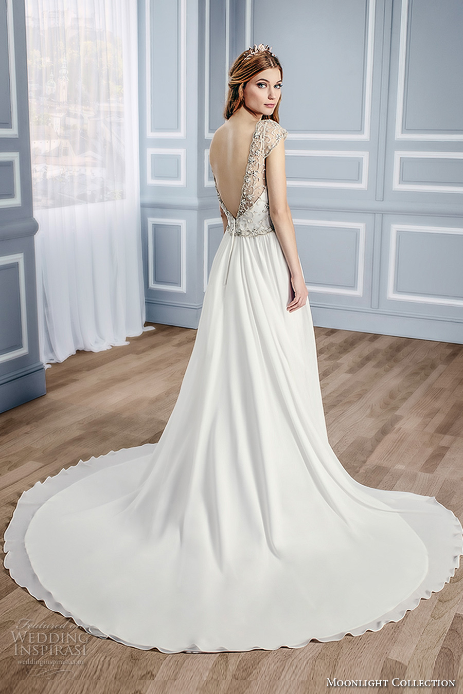 moonlight collection fall 2016 bridal sleeveless thick strap sweetheart neckline heavily embellished bodice a  line wedding dress open low v back chapel train (j6433) bv