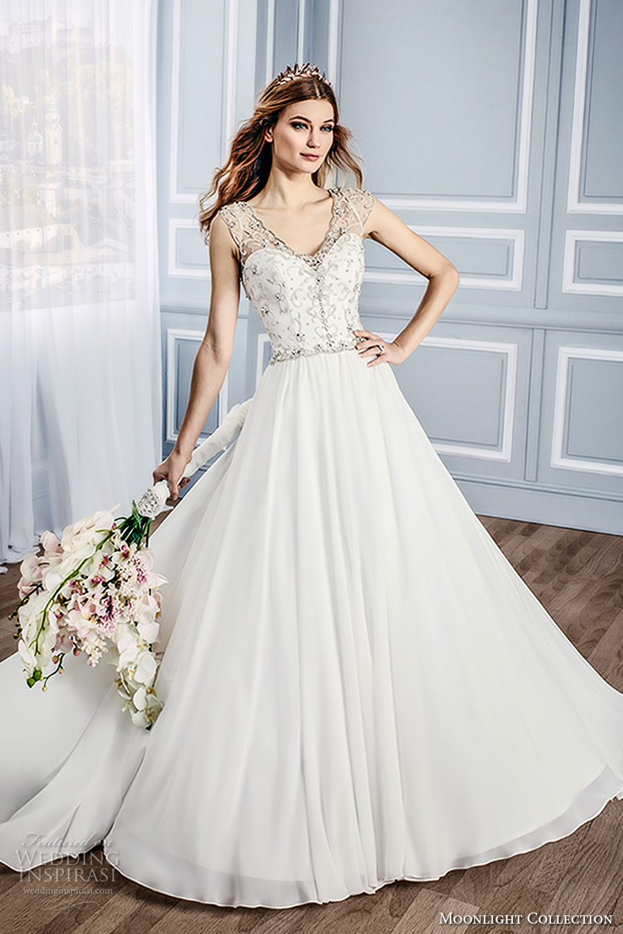 moonlight collection fall 2016 bridal sleeveless thick strap sweetheart neckline heavily embellished bodice a  line wedding dress open low v back chapel train (j6433) mv