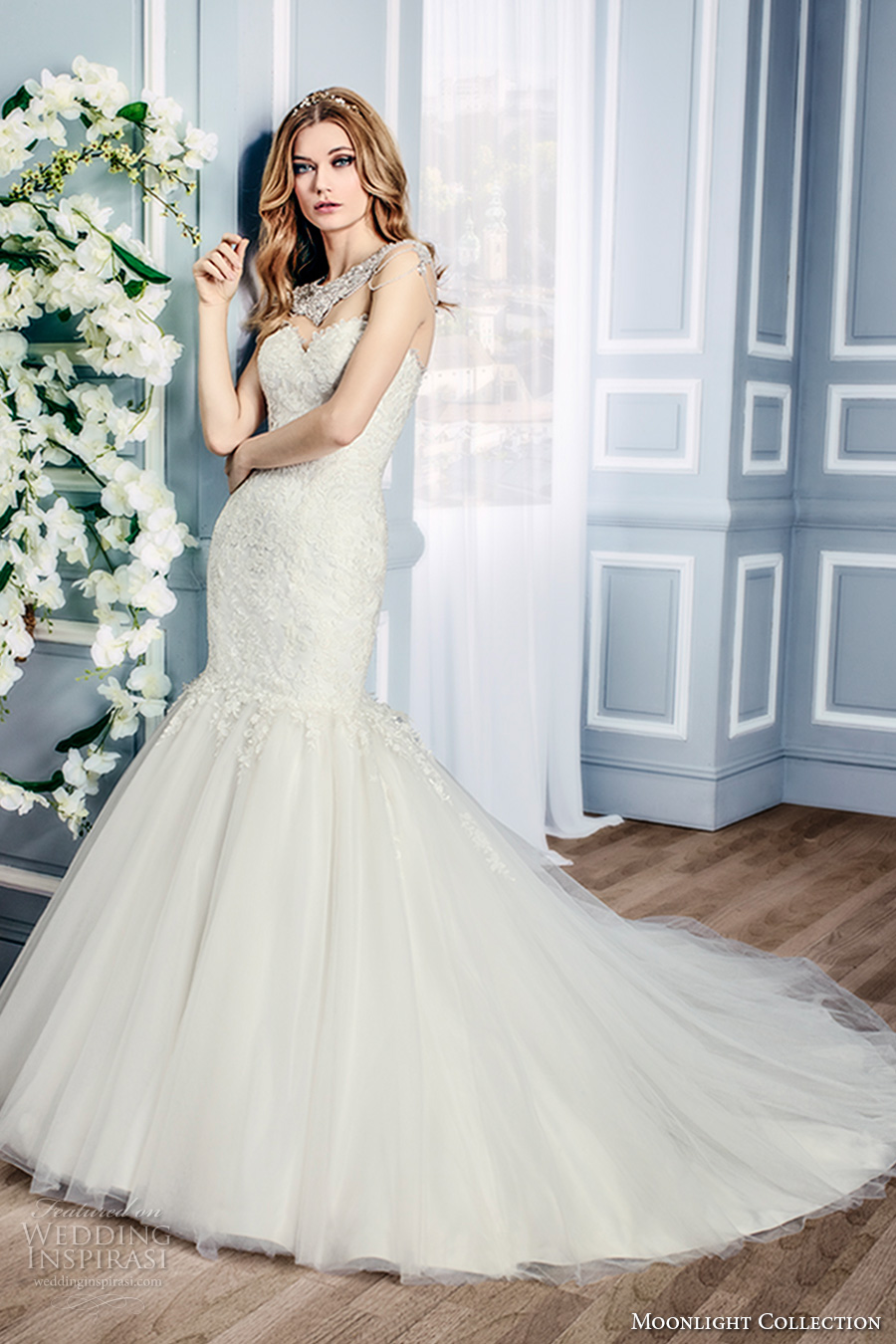 moonlight collection fall 2016 bridal strapless sweetheart neckline heavily embellished bodice mermaid wedding dress chapel train (j6432) mv