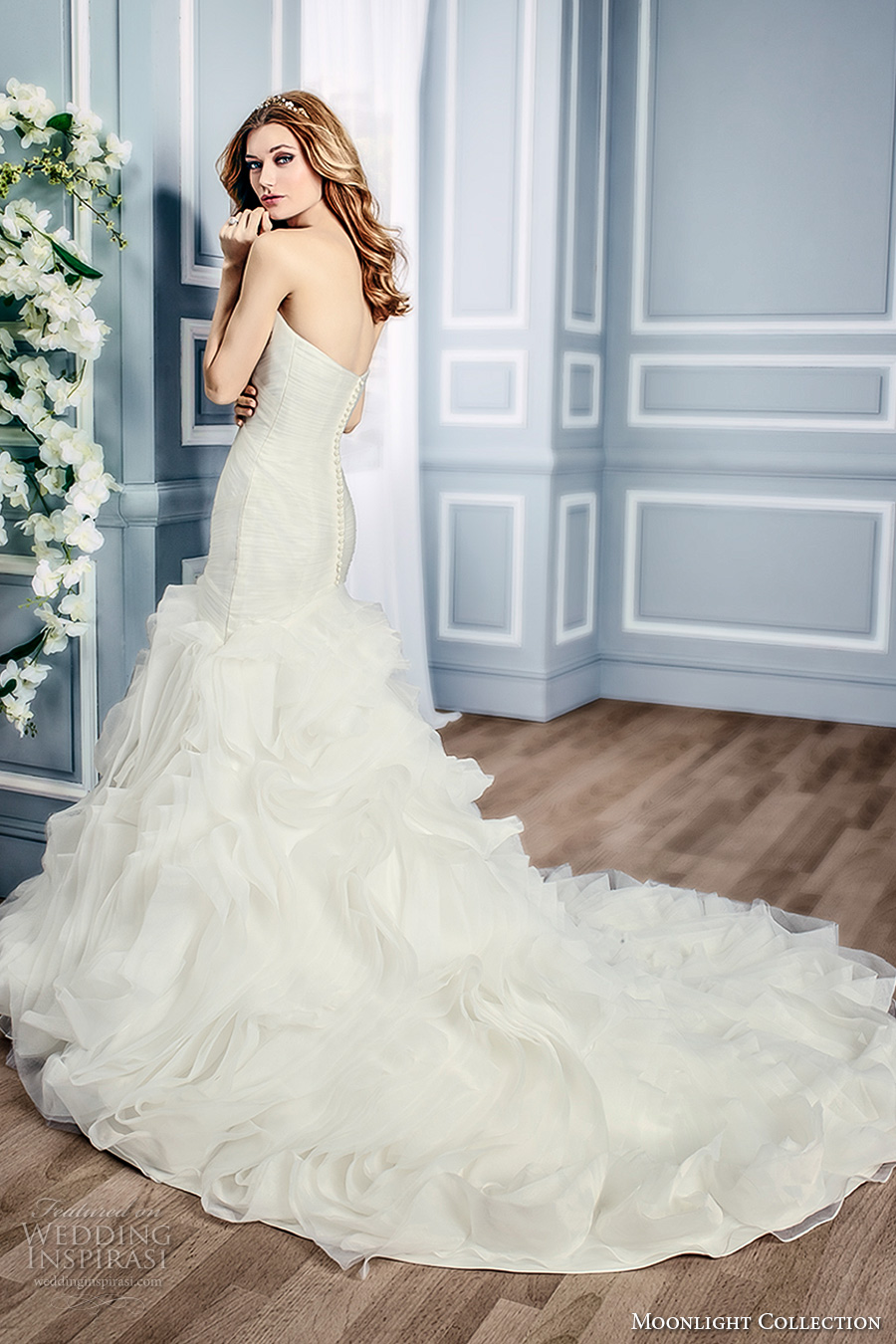 moonlight collection fall 2016 bridal strapless sweetheart neckline ruched bodice gathered skirt mermaid wedding dress chapel train (j6434) bv