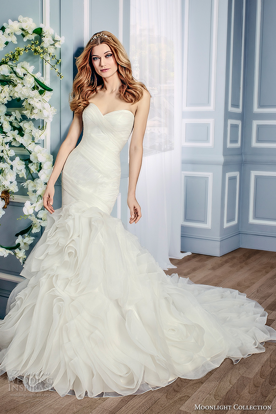 moonlight collection fall 2016 bridal strapless sweetheart neckline ruched bodice gathered skirt mermaid wedding dress chapel train (j6434) mv