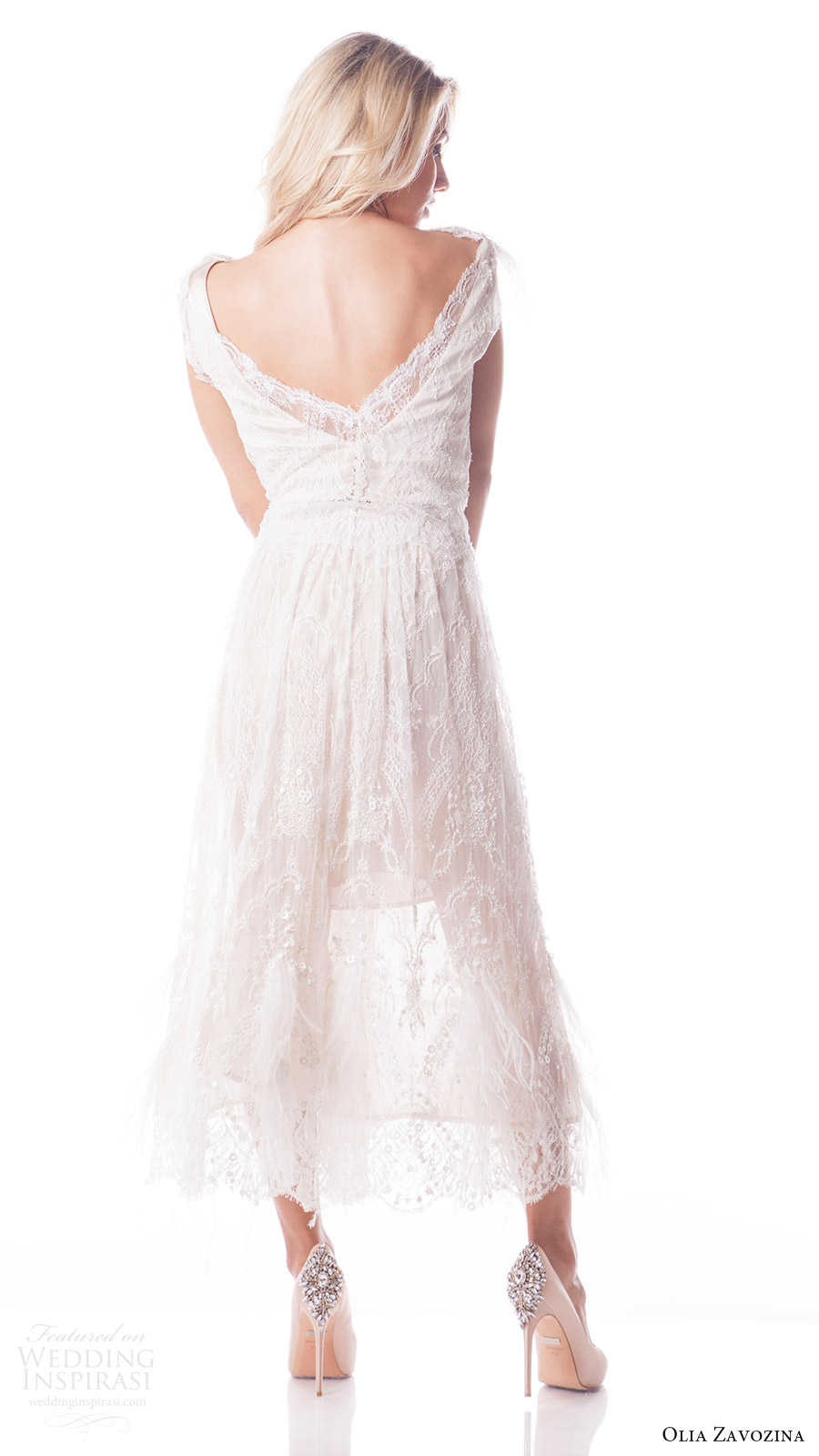 olia zavozina bridal spring 2017 feather cap sleeves vneck 3 piece tea length lace wedding dress (mira) bv