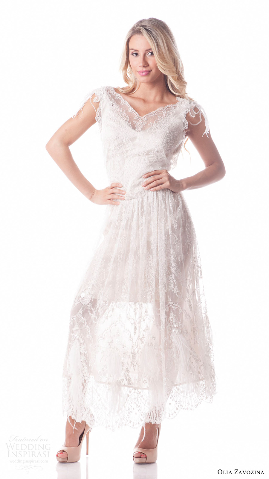 olia zavozina bridal spring 2017 feather cap sleeves vneck 3 piece tea length lace wedding dress (mira) mv