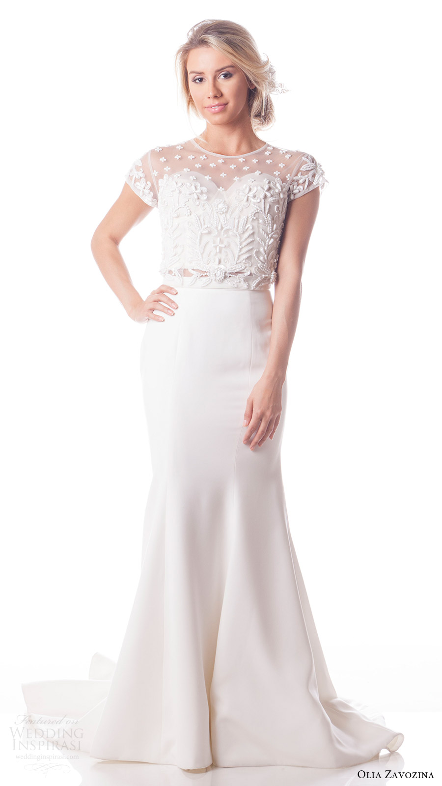 olia zavozina bridal spring 2017 illusion cap sleeve jewel neck top mermaid skirt (sasha and jae) mv