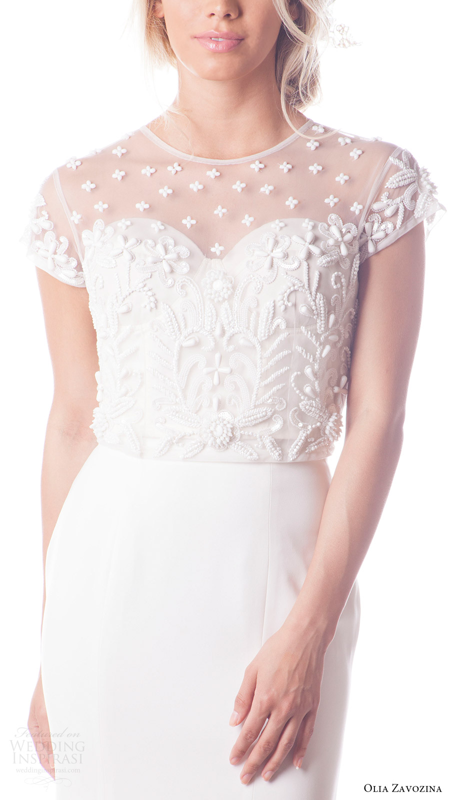 olia zavozina bridal spring 2017 illusion cap sleeve jewel neck top mermaid skirt (sasha and jae) zfv